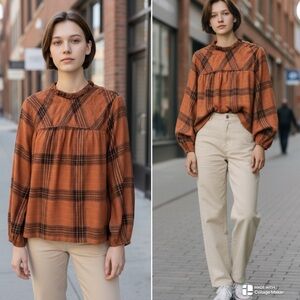 Revolve Bella Dahl cotton blend plaid mock neck top